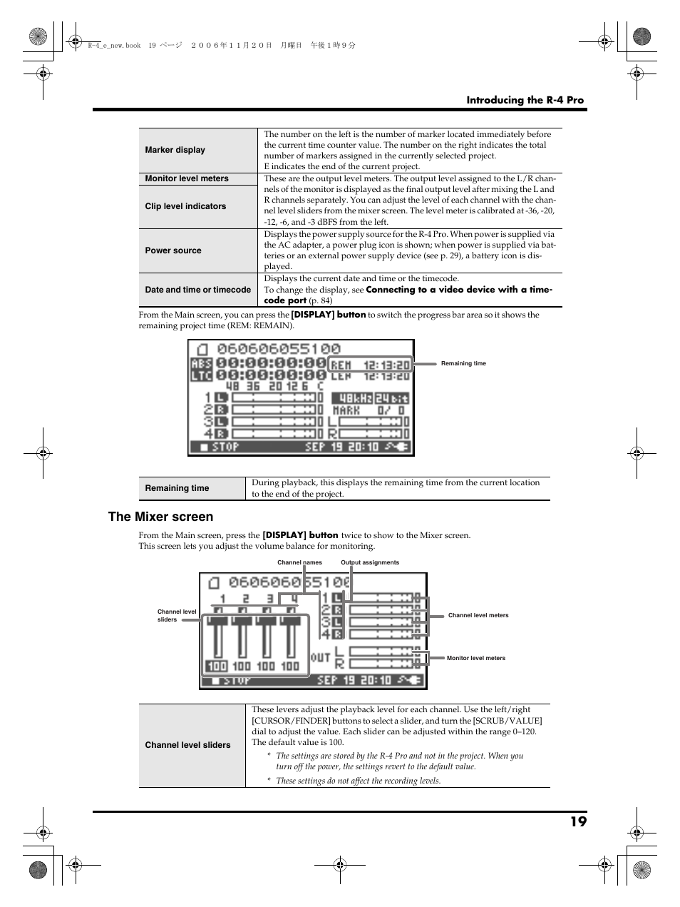 The mixer screen | Edirol R-4Pro User Manual | Page 19 / 108