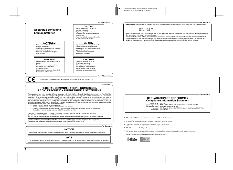 Apparatus containing lithium batteries, Notice avis, Advarsel | Varning, Caution, Varoitus | Edirol R-4Pro User Manual | Page 2 / 108