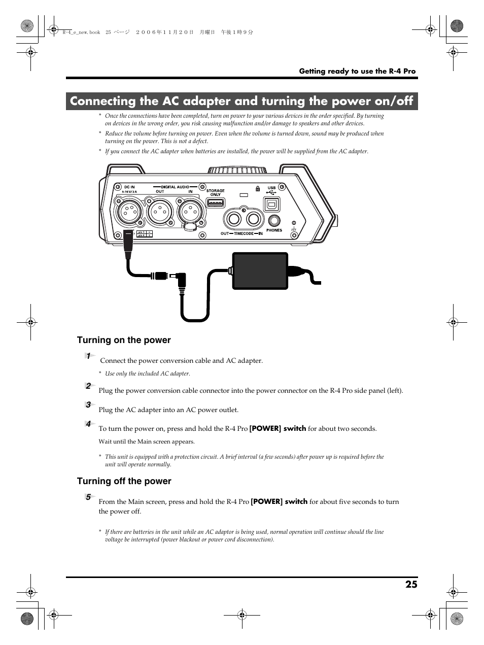 Turning on the power, Turning off the power | Edirol R-4Pro User Manual | Page 25 / 108
