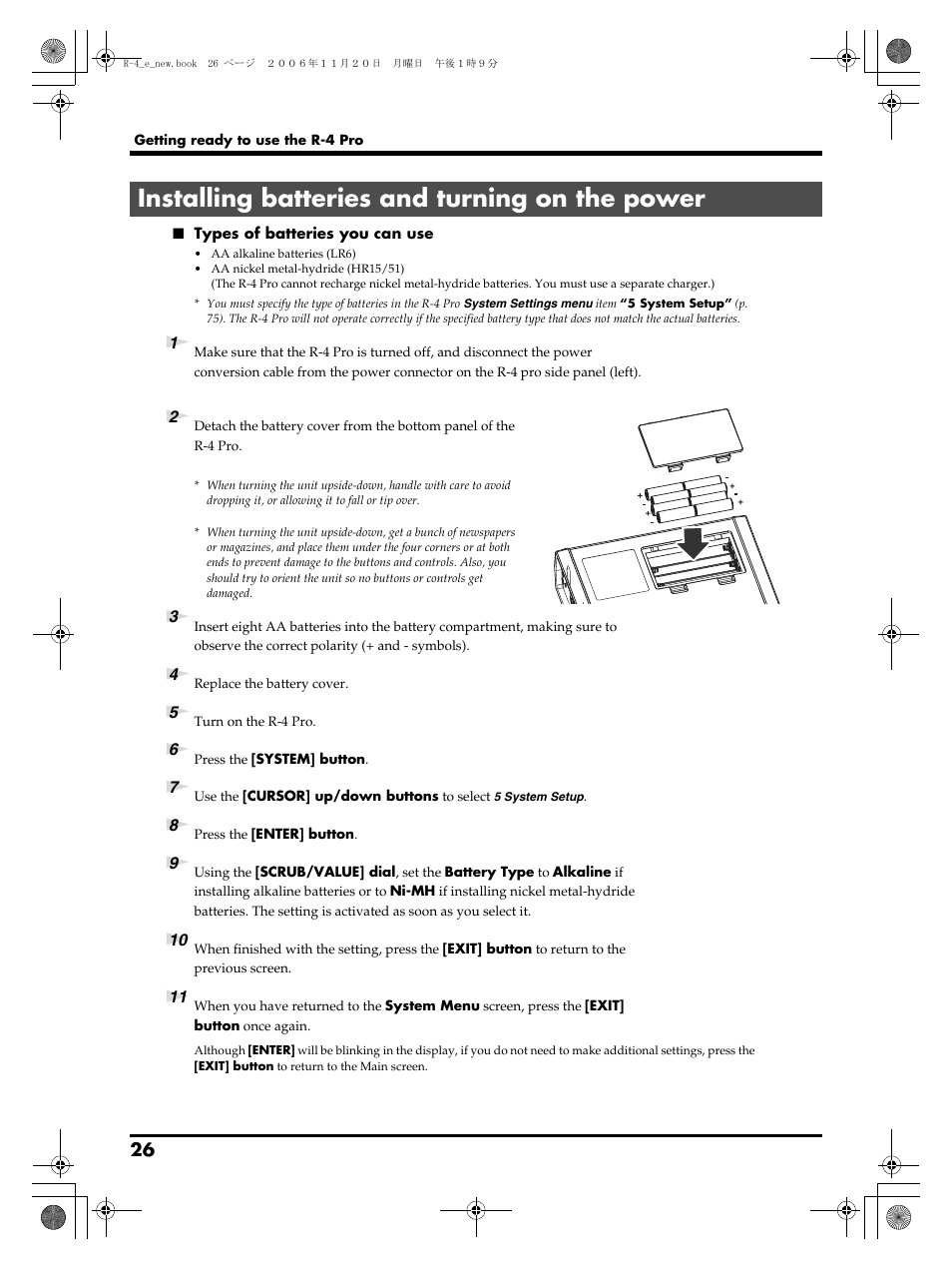 Installing batteries and turning on the power | Edirol R-4Pro User Manual | Page 26 / 108