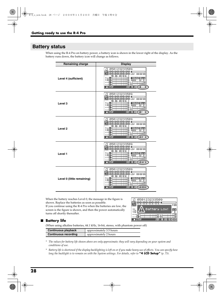 Battery status | Edirol R-4Pro User Manual | Page 28 / 108