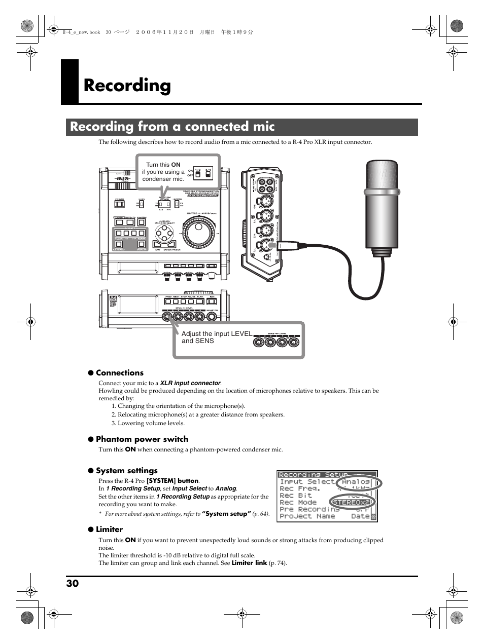 Recording, Recording from a connected mic | Edirol R-4Pro User Manual | Page 30 / 108