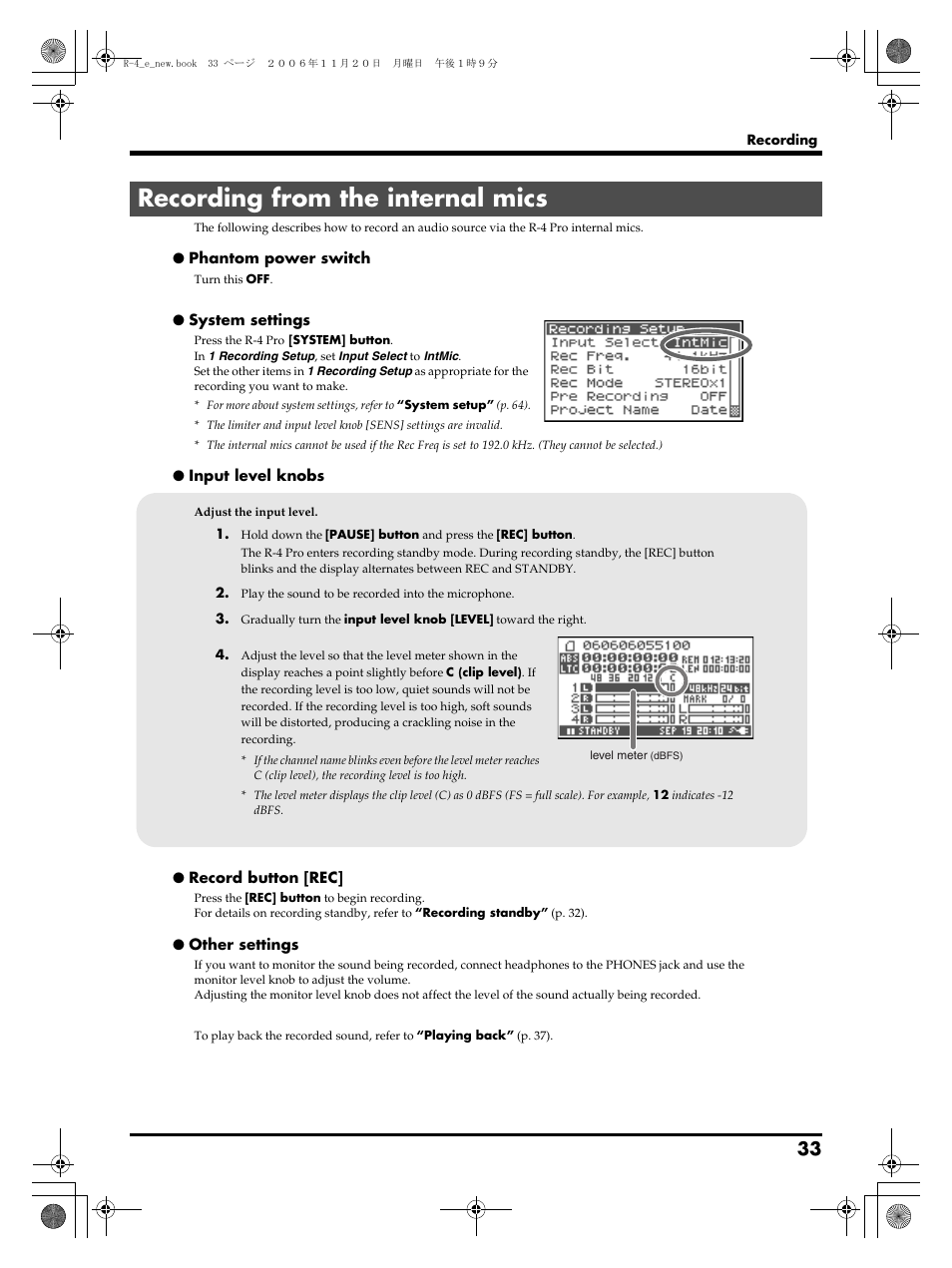 Recording from the internal mics | Edirol R-4Pro User Manual | Page 33 / 108