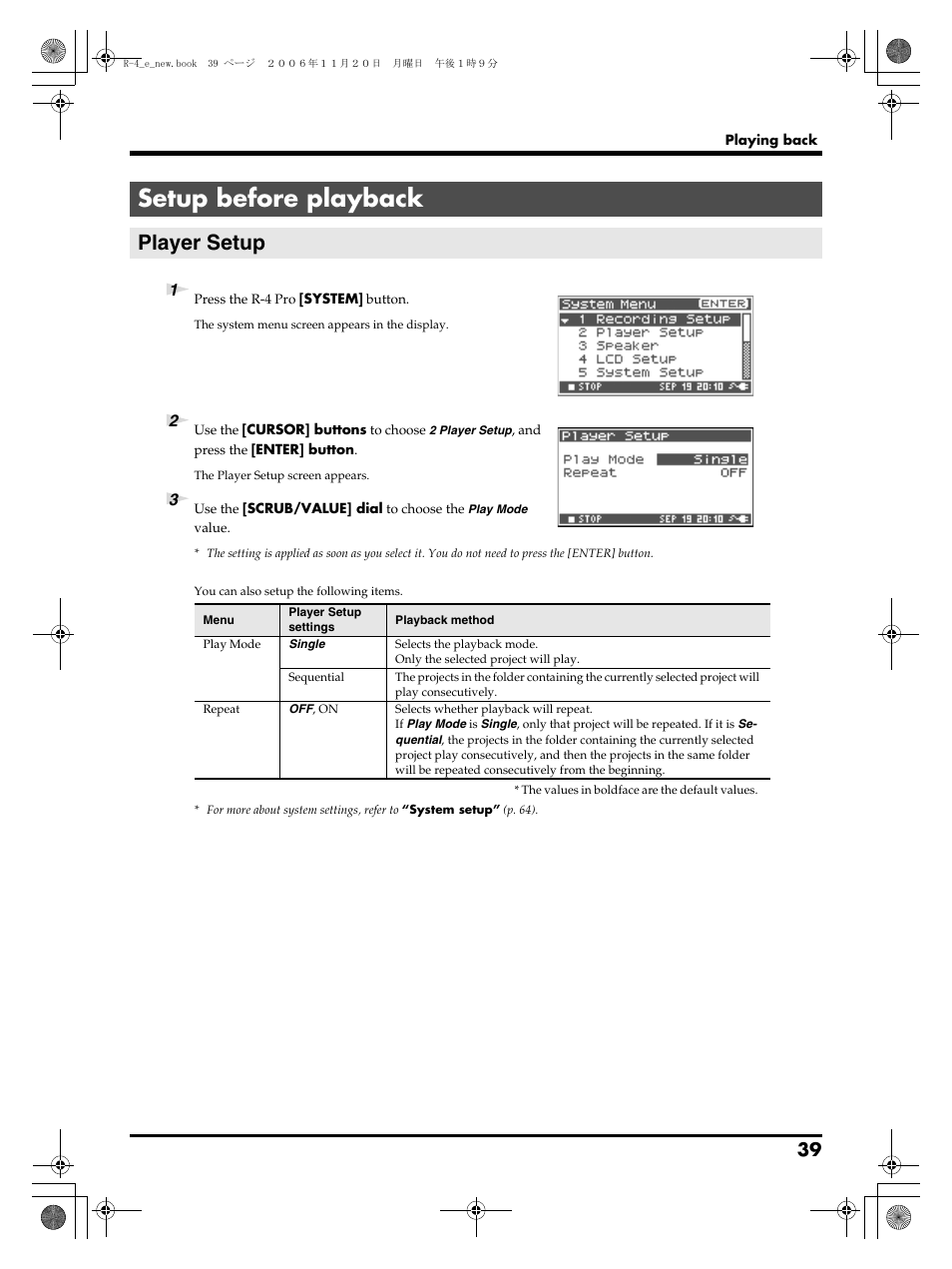 Setup before playback, Player setup | Edirol R-4Pro User Manual | Page 39 / 108