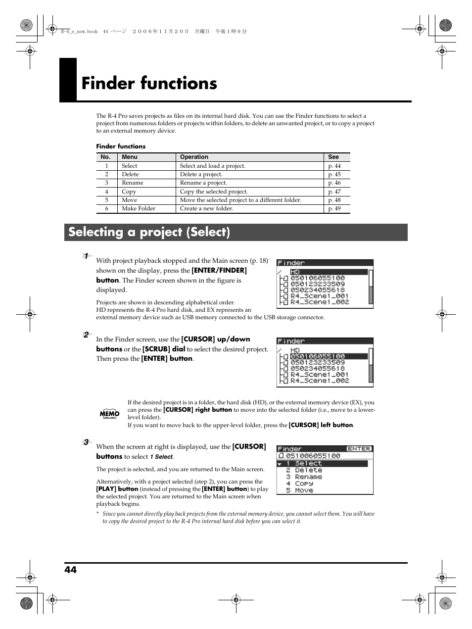 Finder functions, Selecting a project (select) | Edirol R-4Pro User Manual | Page 44 / 108