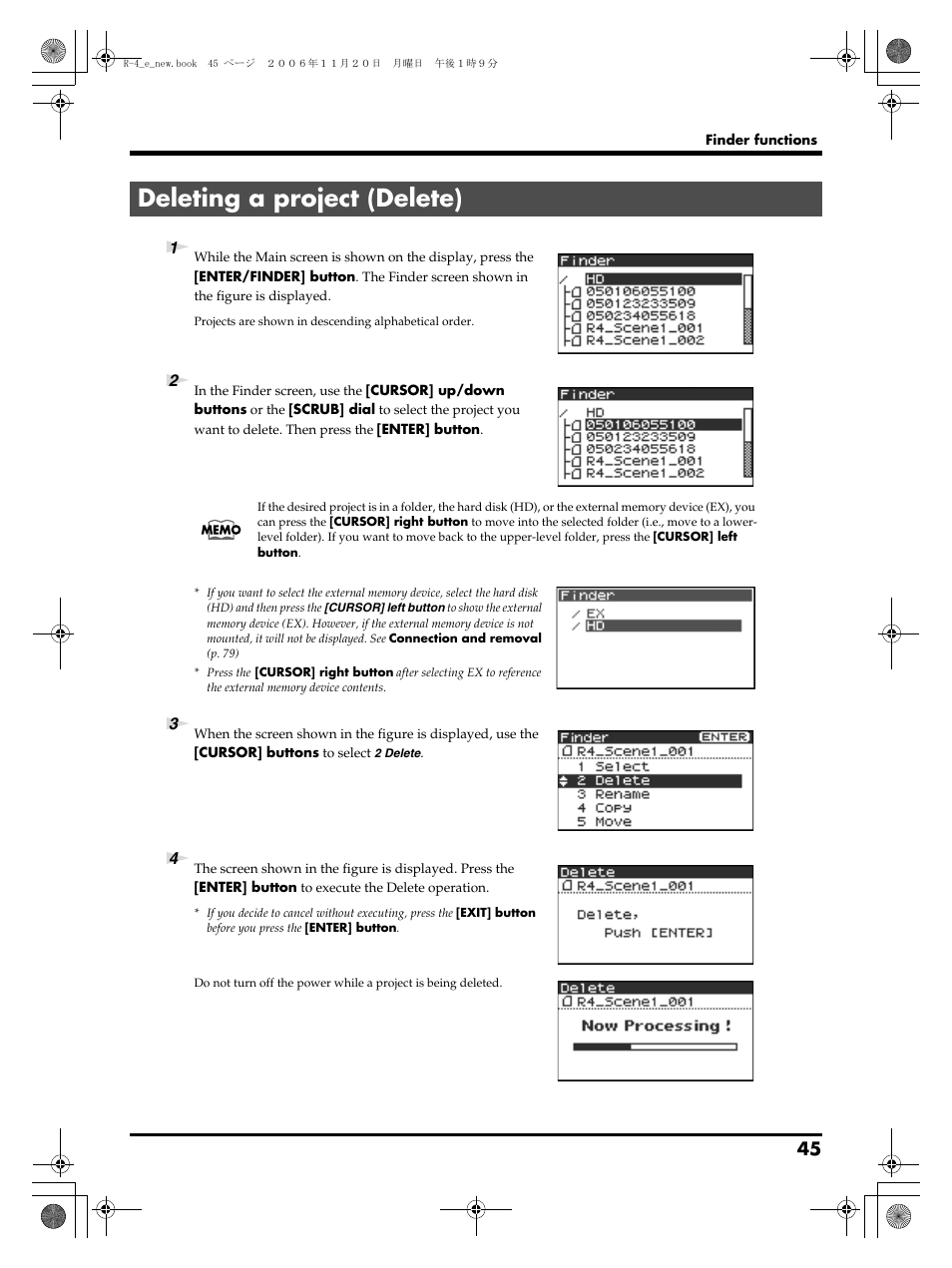 Deleting a project (delete), P. 45 | Edirol R-4Pro User Manual | Page 45 / 108