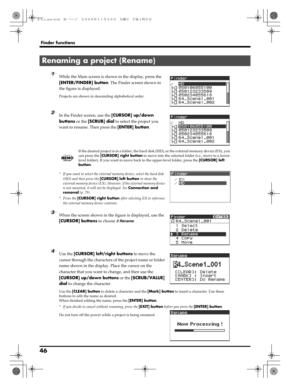 Renaming a project (rename), P. 46 | Edirol R-4Pro User Manual | Page 46 / 108