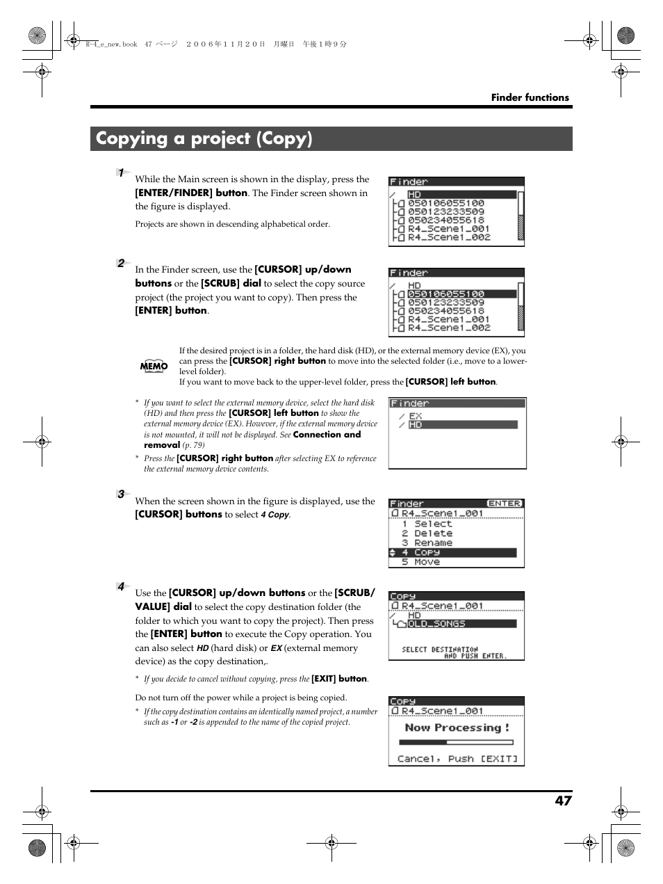 Copying a project (copy), P. 47 | Edirol R-4Pro User Manual | Page 47 / 108