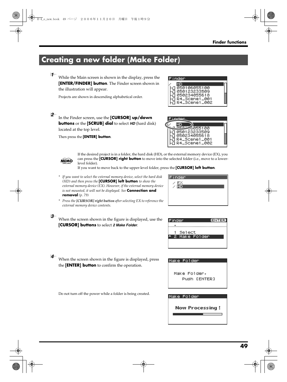 Creating a new folder (make folder), P. 49 | Edirol R-4Pro User Manual | Page 49 / 108