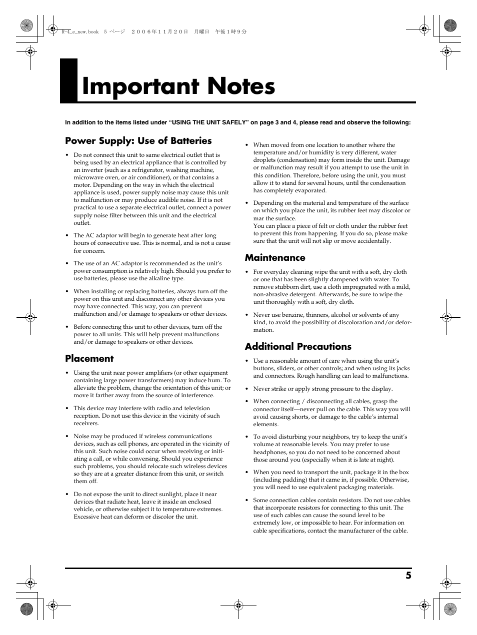 Important notes, Power supply: use of batteries, Placement | Maintenance, Additional precautions | Edirol R-4Pro User Manual | Page 5 / 108