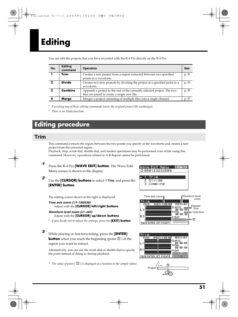 Editing, Editing procedure, Trim | Editing” (p. 51) | Edirol R-4Pro User Manual | Page 51 / 108