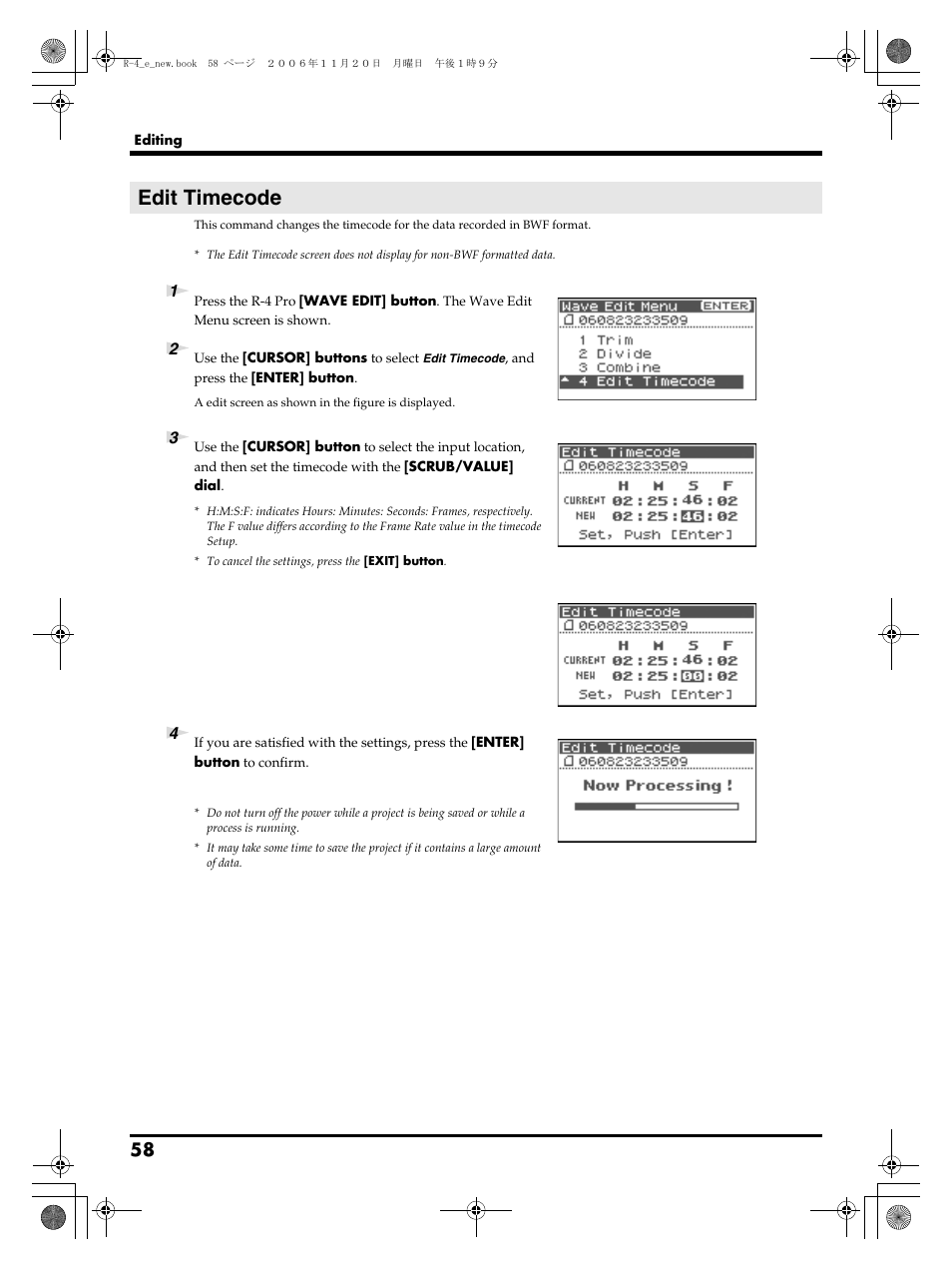 Edit timecode | Edirol R-4Pro User Manual | Page 58 / 108