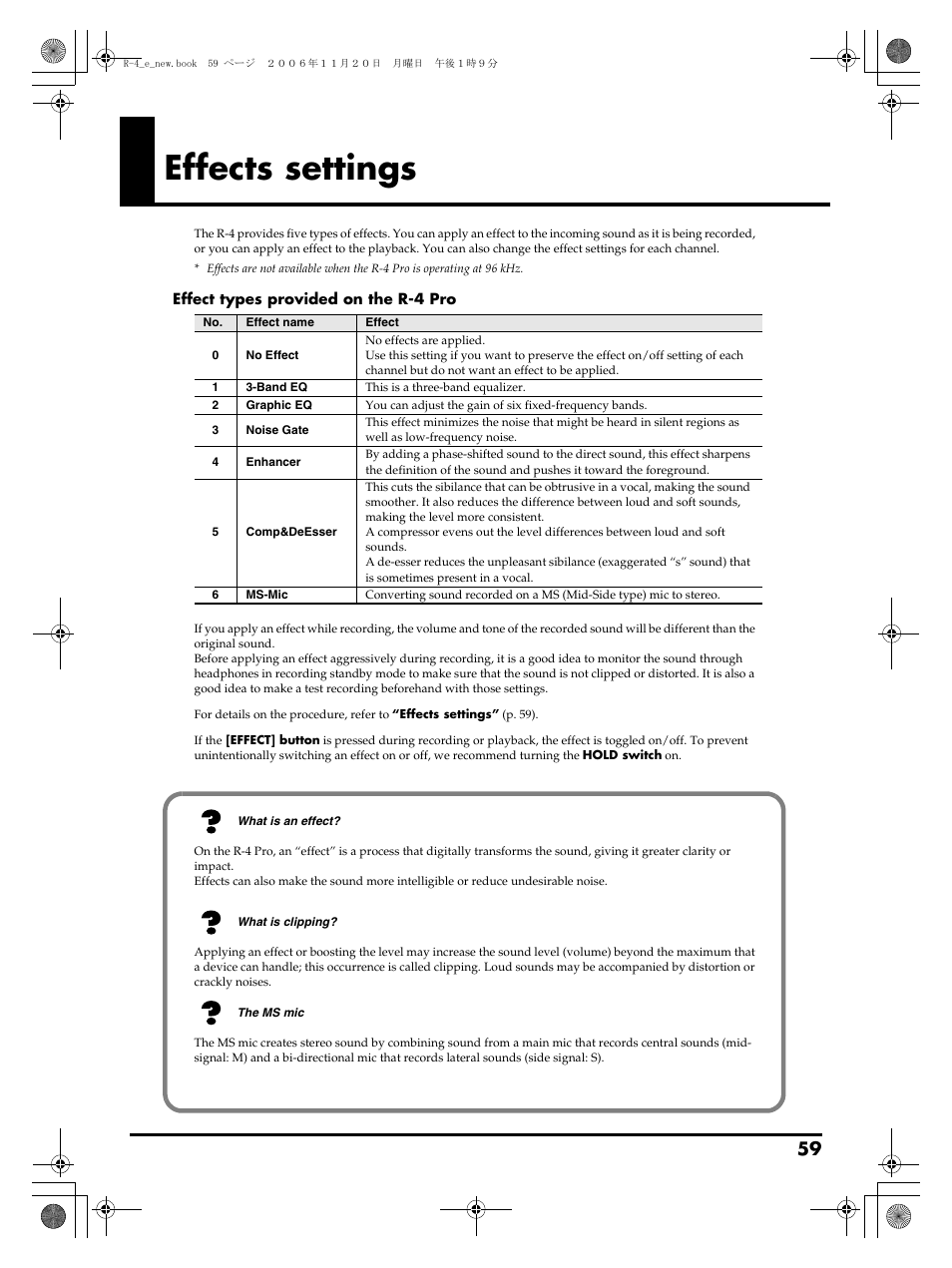 Effects settings, Effects settings” (p. 59) | Edirol R-4Pro User Manual | Page 59 / 108