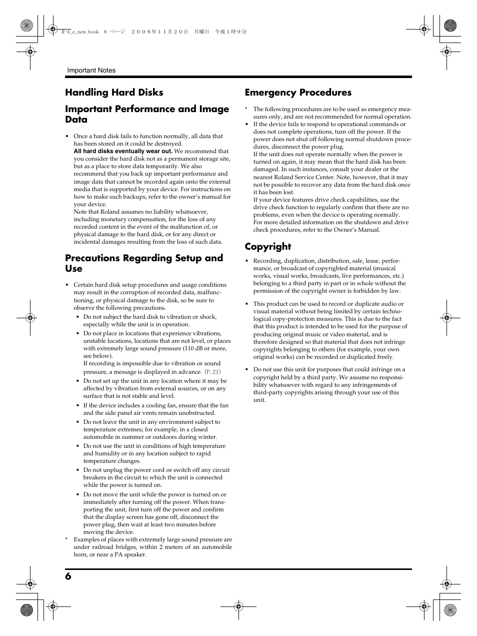 Precautions regarding setup and use, Emergency procedures, Copyright | Edirol R-4Pro User Manual | Page 6 / 108