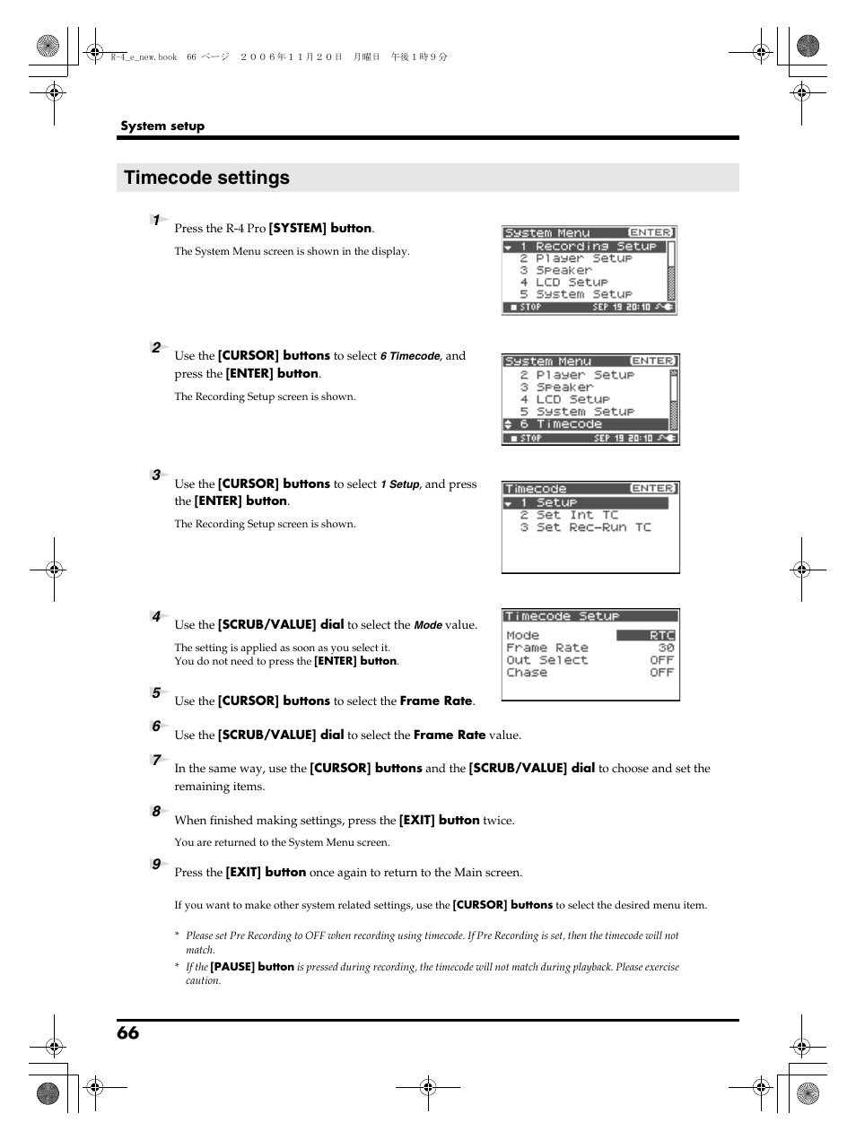 Timecode settings | Edirol R-4Pro User Manual | Page 66 / 108
