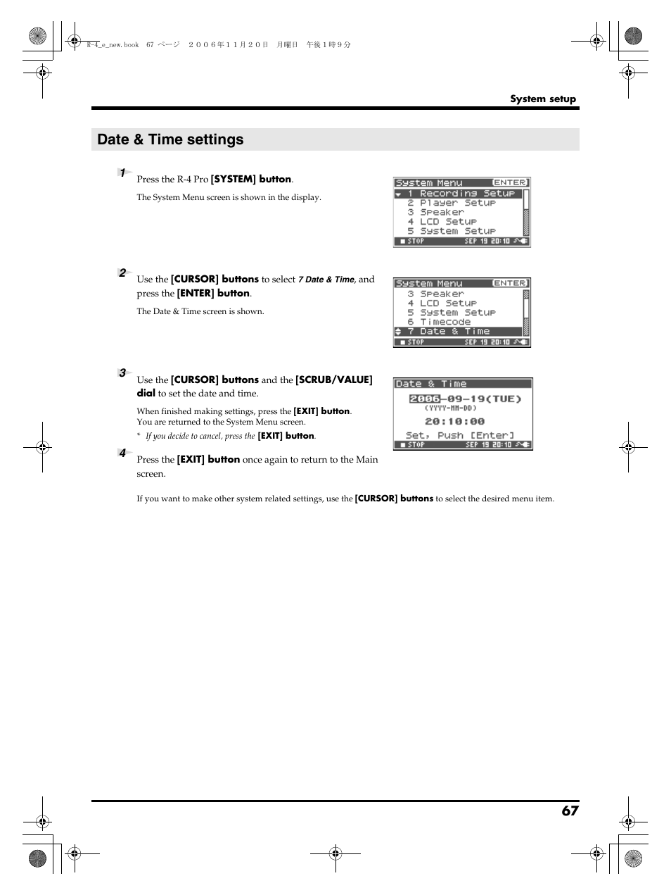 Date & time settings, P. 67 | Edirol R-4Pro User Manual | Page 67 / 108