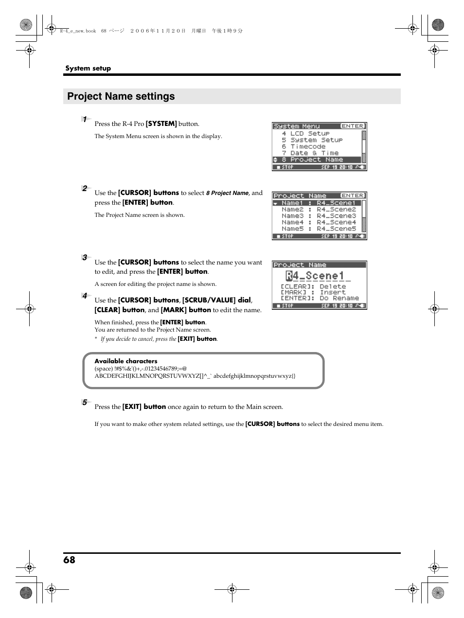 Project name settings, P. 68 | Edirol R-4Pro User Manual | Page 68 / 108