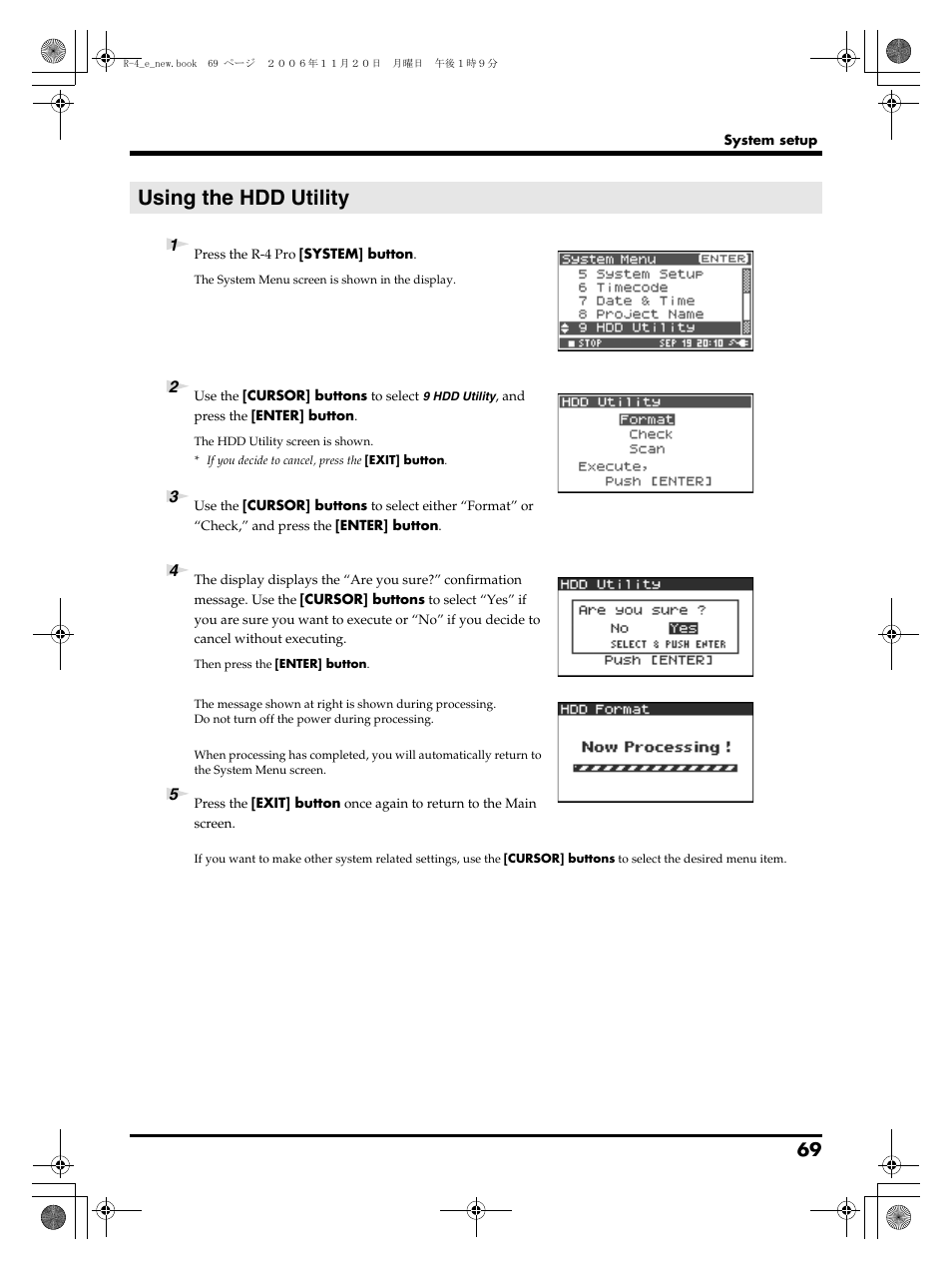 Using the hdd utility, P. 69 | Edirol R-4Pro User Manual | Page 69 / 108