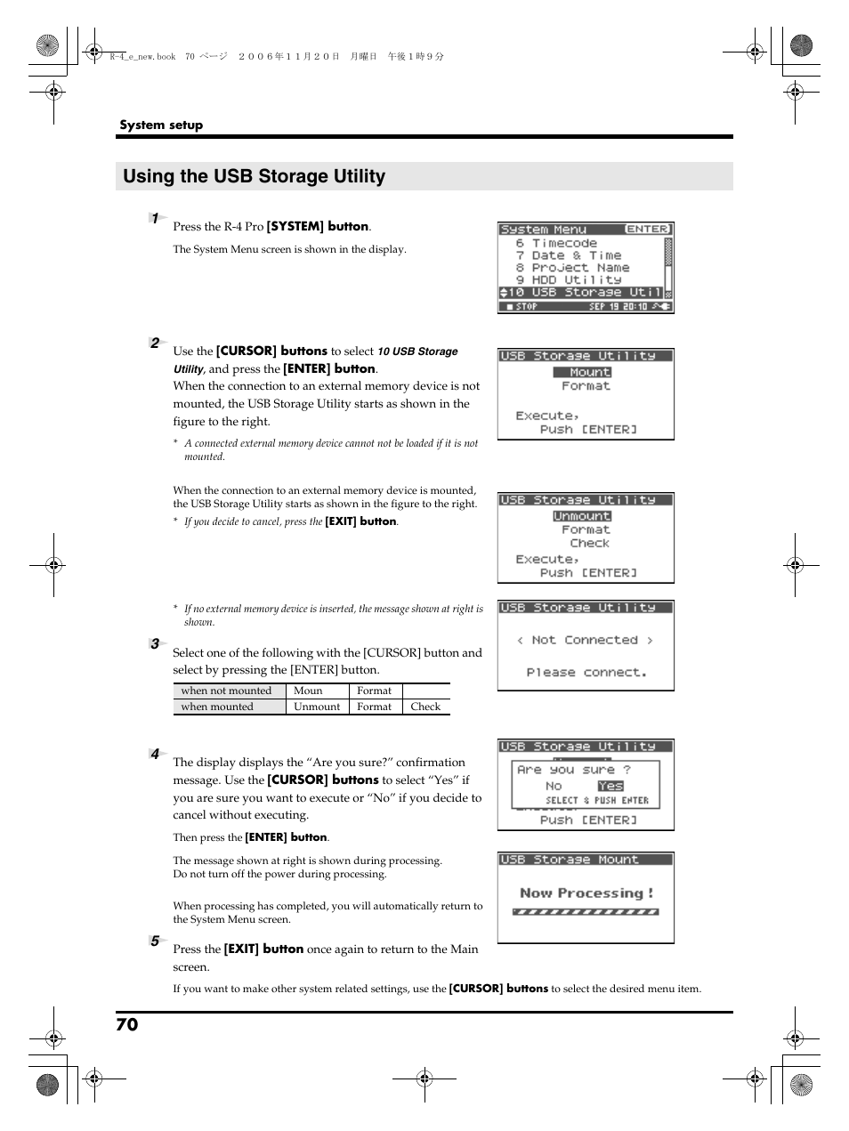 Using the usb storage utility | Edirol R-4Pro User Manual | Page 70 / 108