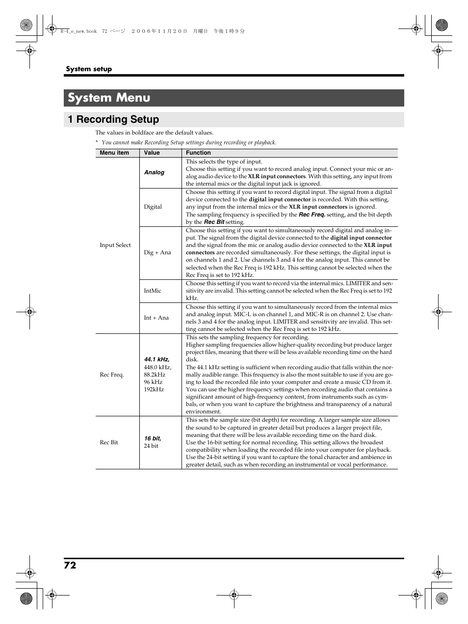 System menu, 1 recording setup | Edirol R-4Pro User Manual | Page 72 / 108