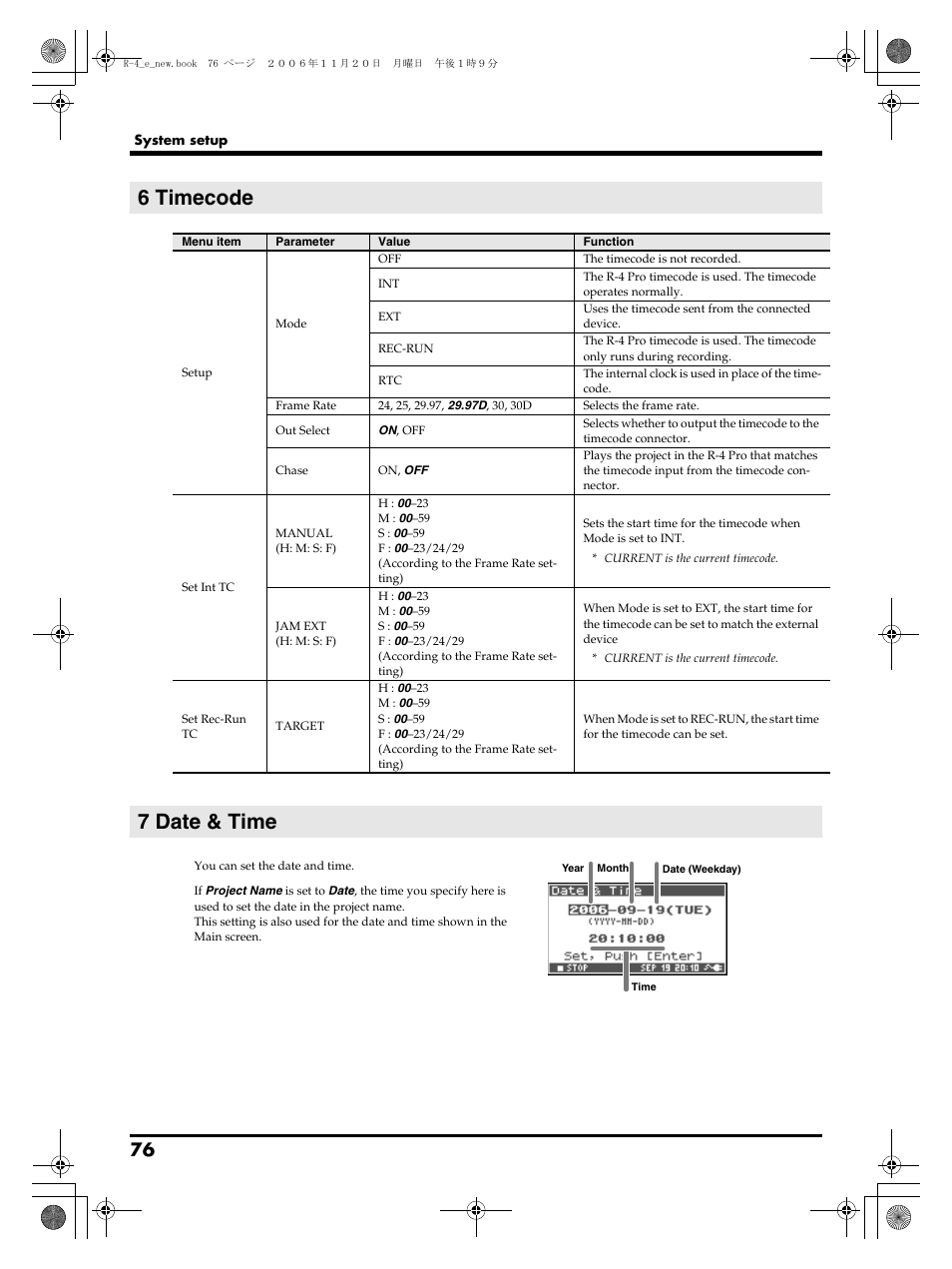 6 timecode, 7 date & time | Edirol R-4Pro User Manual | Page 76 / 108