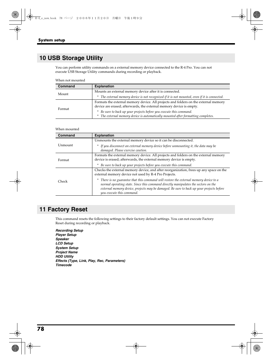 10 usb storage utility, 11 factory reset | Edirol R-4Pro User Manual | Page 78 / 108