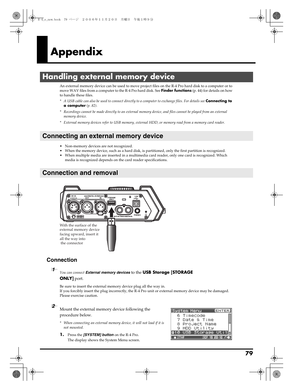 Appendix, Handling external memory device, Connecting an external memory device | Connection and removal, Connection | Edirol R-4Pro User Manual | Page 79 / 108
