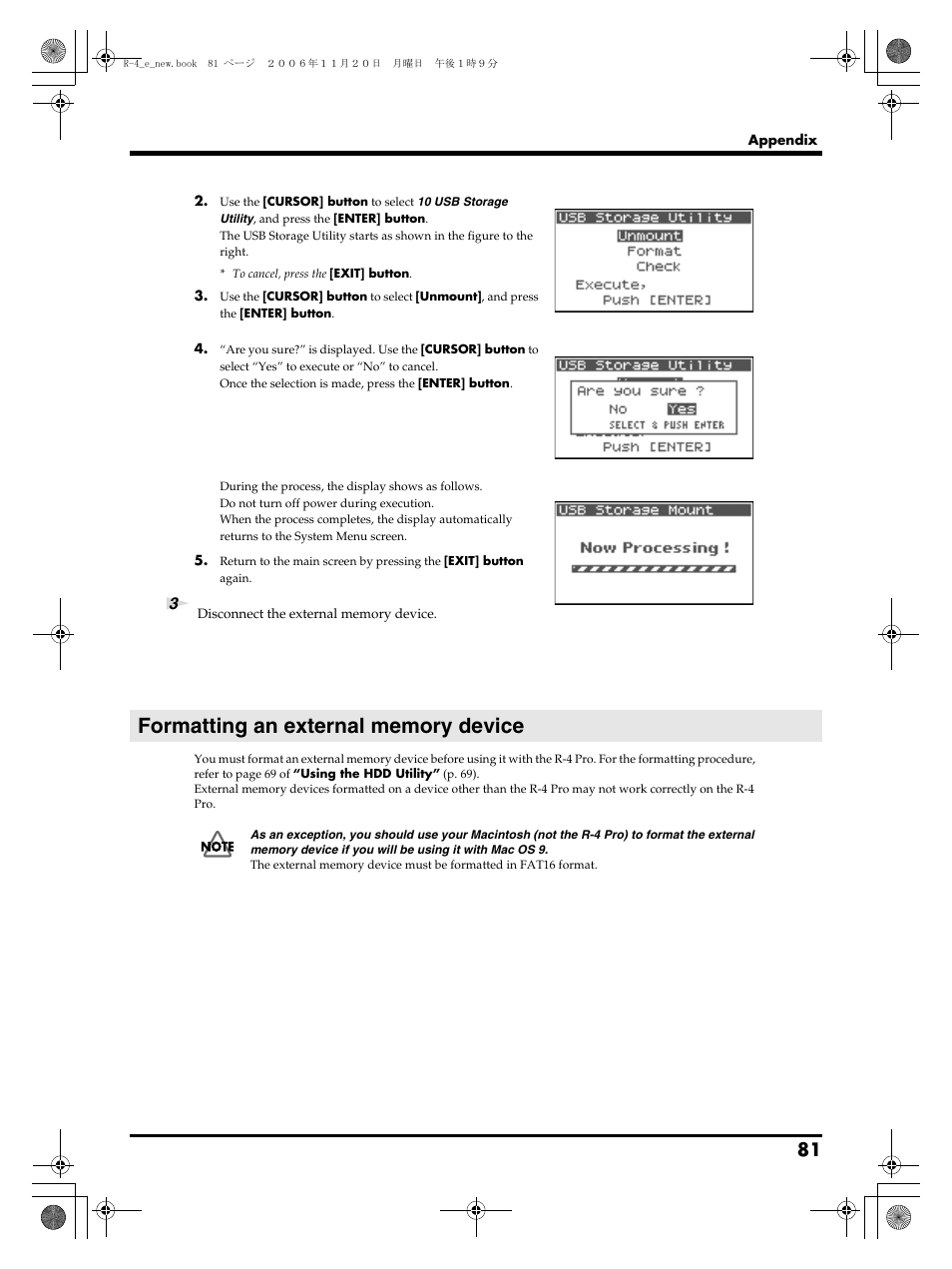 Formatting an external memory device | Edirol R-4Pro User Manual | Page 81 / 108