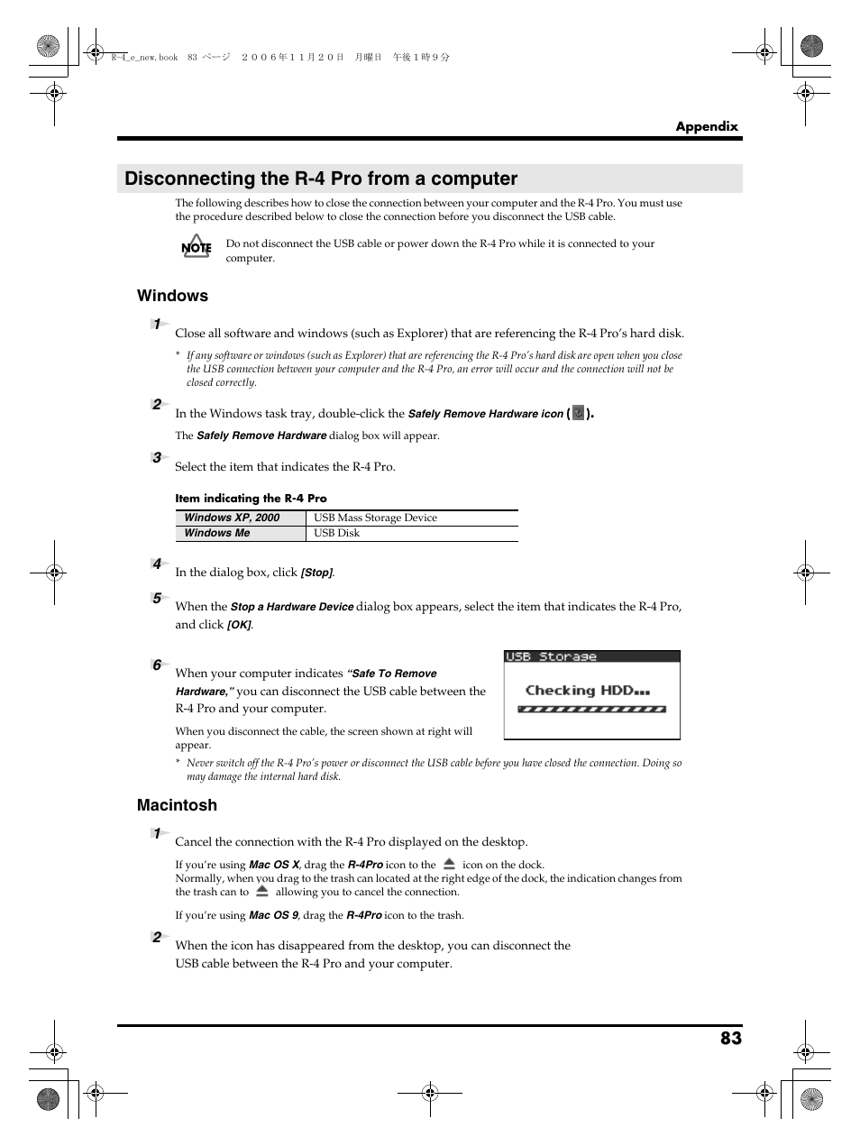 Disconnecting the r-4 pro from a computer, Windows, Macintosh | Edirol R-4Pro User Manual | Page 83 / 108