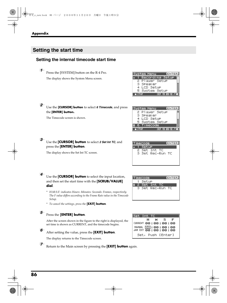 Setting the start time, Setting the internal timecode start time | Edirol R-4Pro User Manual | Page 86 / 108