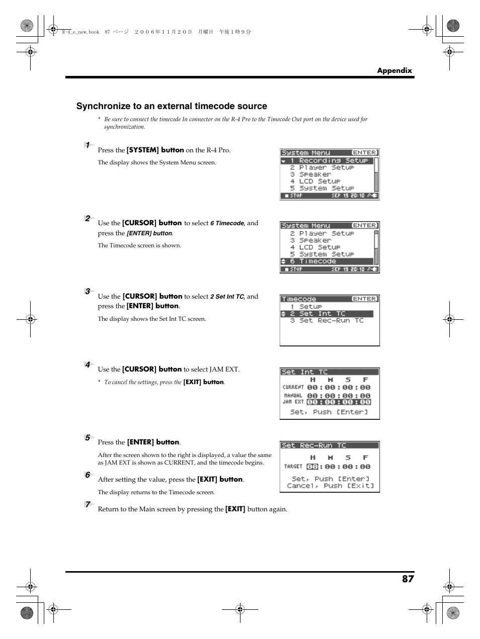 Synchronize to an external timecode source | Edirol R-4Pro User Manual | Page 87 / 108