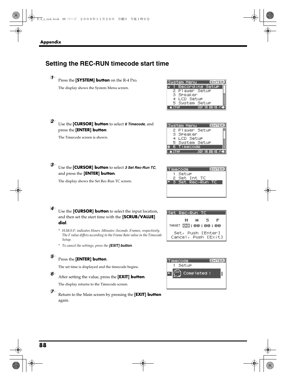 Setting the rec-run timecode start time | Edirol R-4Pro User Manual | Page 88 / 108