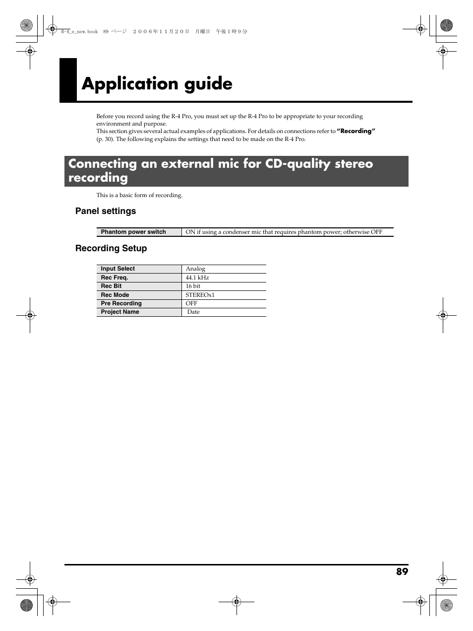 Application guide, Panel settings recording setup | Edirol R-4Pro User Manual | Page 89 / 108