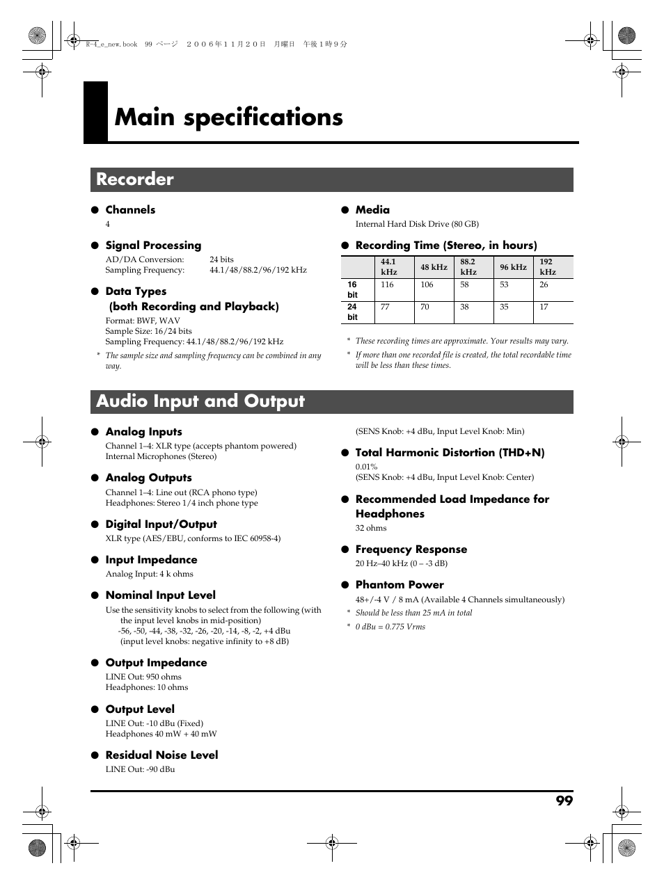 Main specifications, Recorder, Audio input and output | Recorder audio input and output | Edirol R-4Pro User Manual | Page 99 / 108