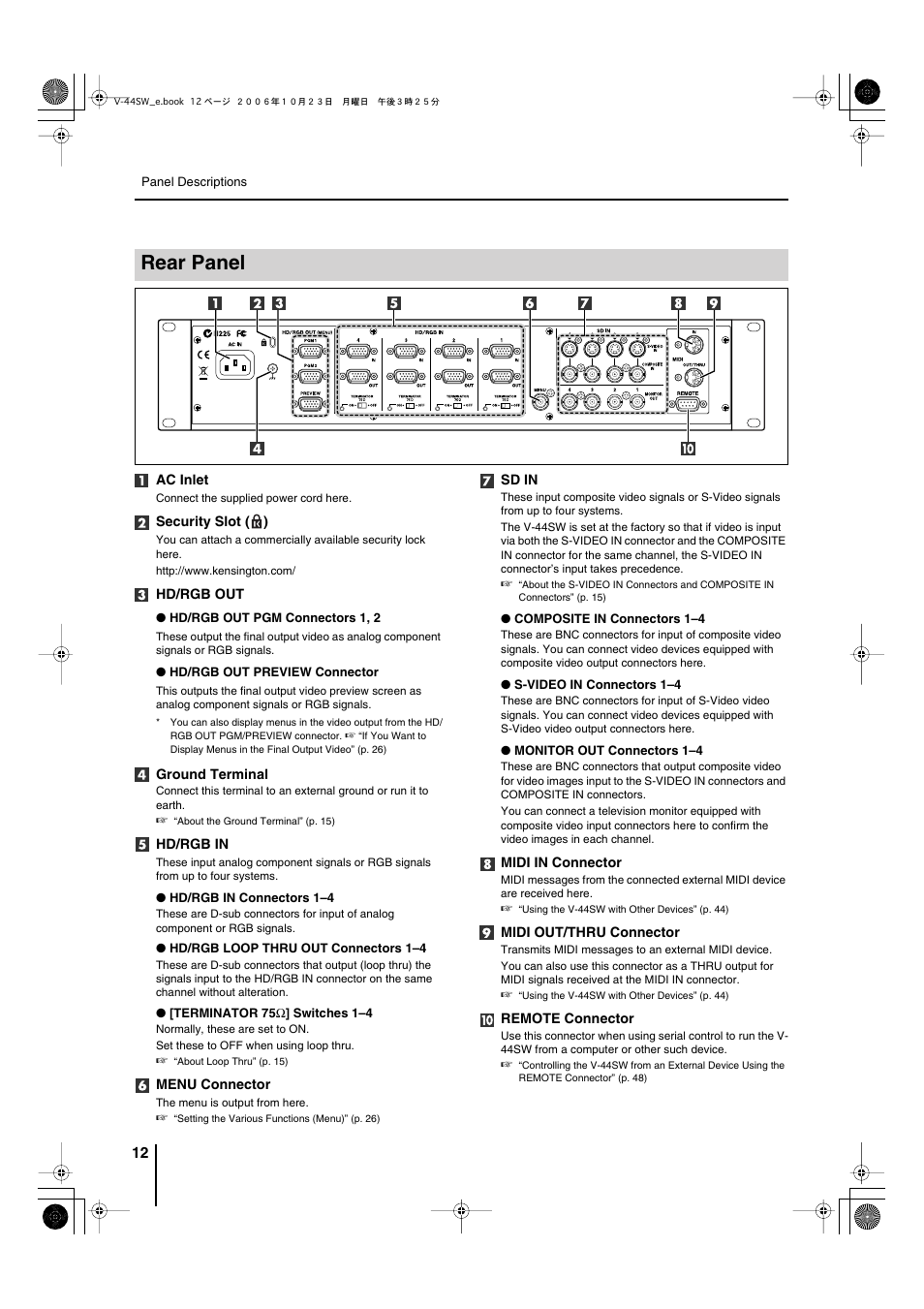 Rear panel, P. 12), Out pgm connector (p. 12) to fade out | Rgb in connectors (p. 12) | Edirol V-44SW E1 User Manual | Page 12 / 72