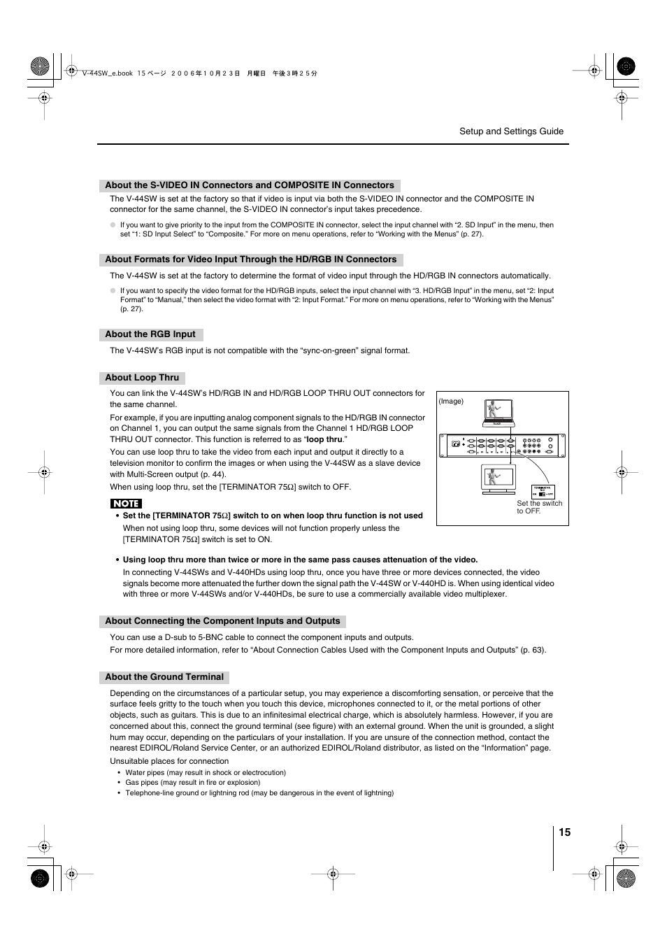 About the ground terminal” (p. 15), About loop thru” (p. 15) | Edirol V-44SW E1 User Manual | Page 15 / 72