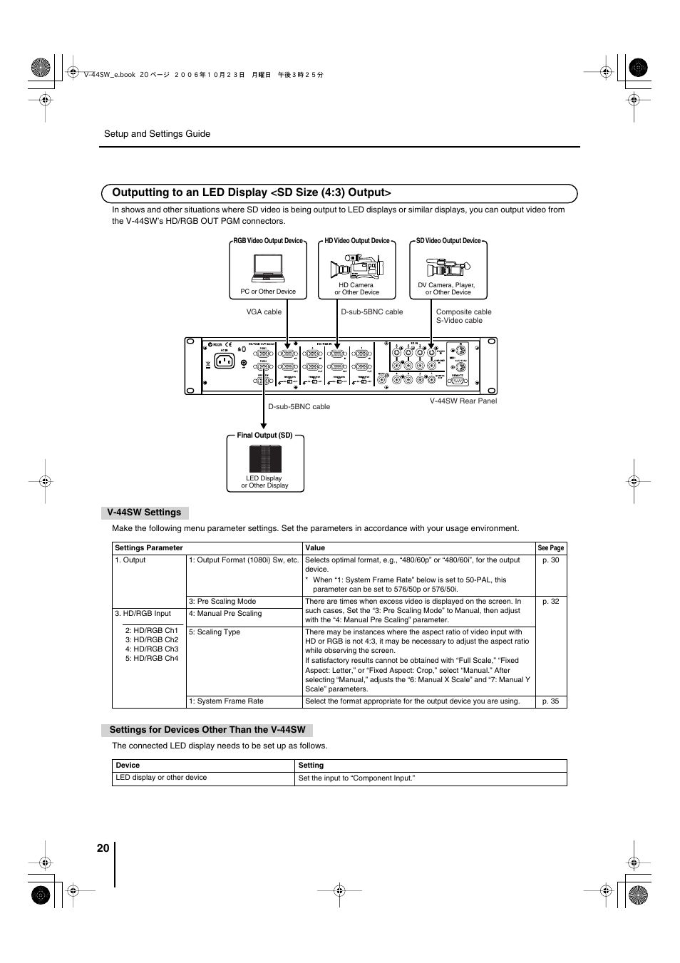 Outputting to an led display <sd size (4:3) output | Edirol V-44SW E1 User Manual | Page 20 / 72