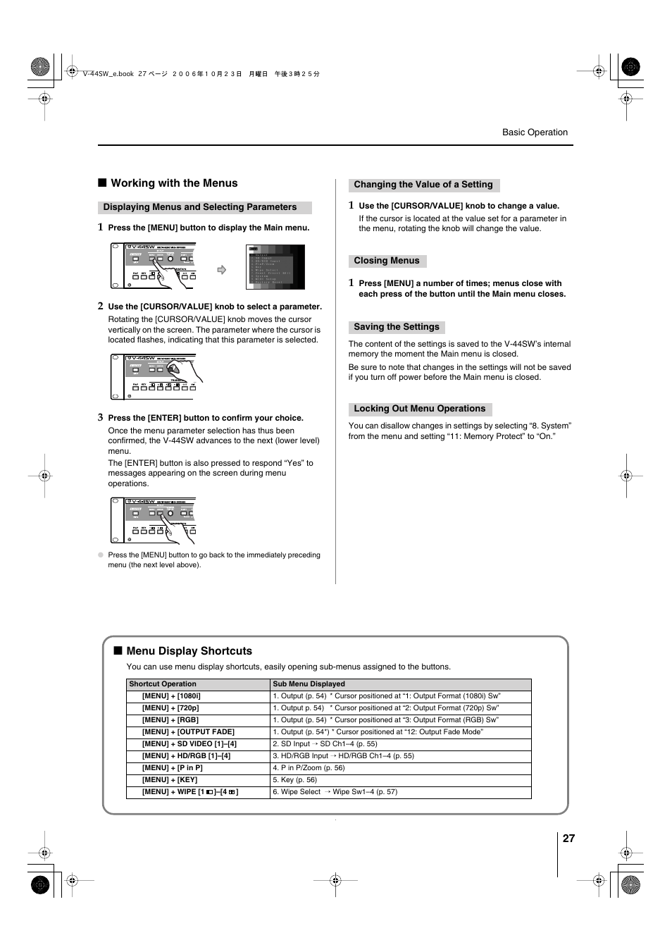 Working with the menus, Menu display shortcuts, Working with the menus menu display shortcuts | Working with the menus” (p. 27) | Edirol V-44SW E1 User Manual | Page 27 / 72