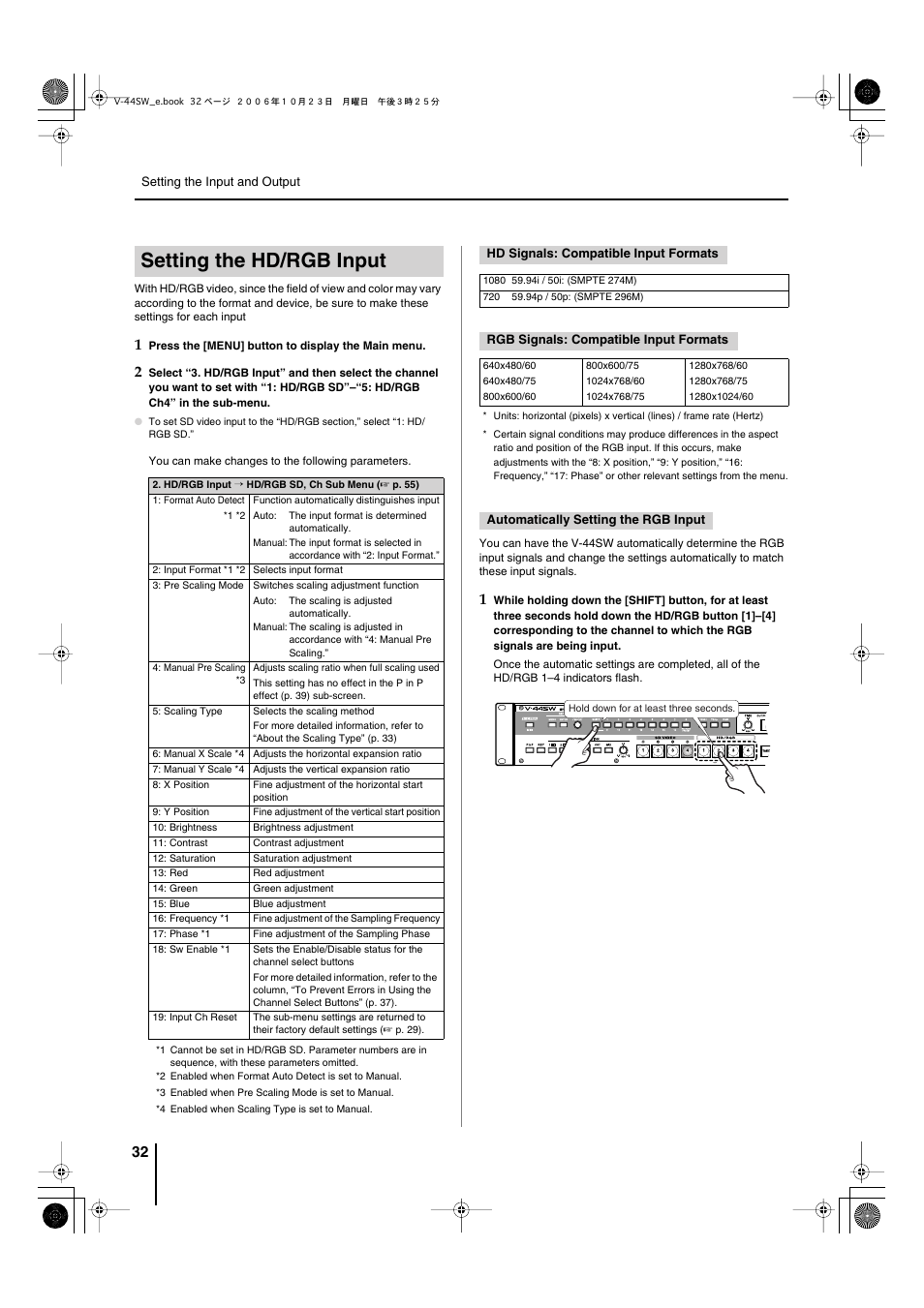 Setting the hd/rgb input, P. 32, 34 | Edirol V-44SW E1 User Manual | Page 32 / 72