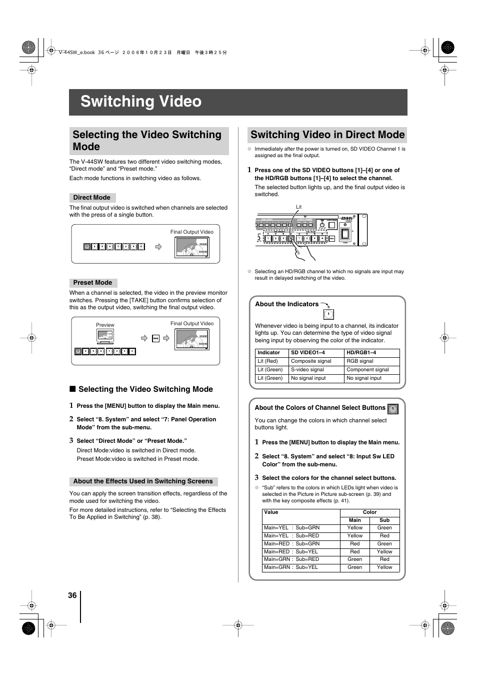 Switching video, Selecting the video switching mode, Switching video in direct mode | Switching video” (p. 36), Information, refer to “switching video” (p. 36) | Edirol V-44SW E1 User Manual | Page 36 / 72