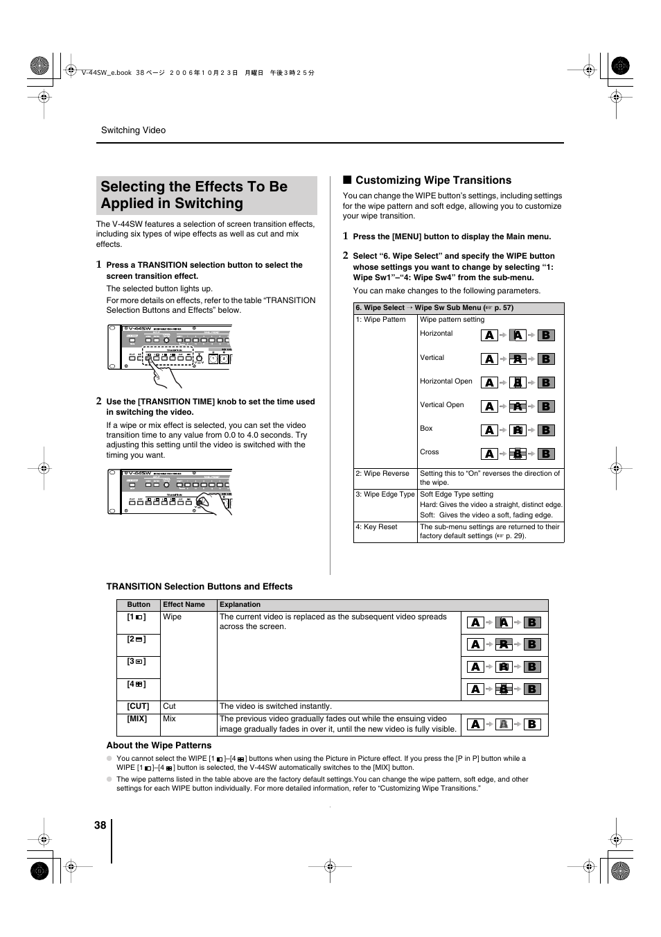 Selecting the effects to be applied in switching, Customizing wipe transitions | Edirol V-44SW E1 User Manual | Page 38 / 72
