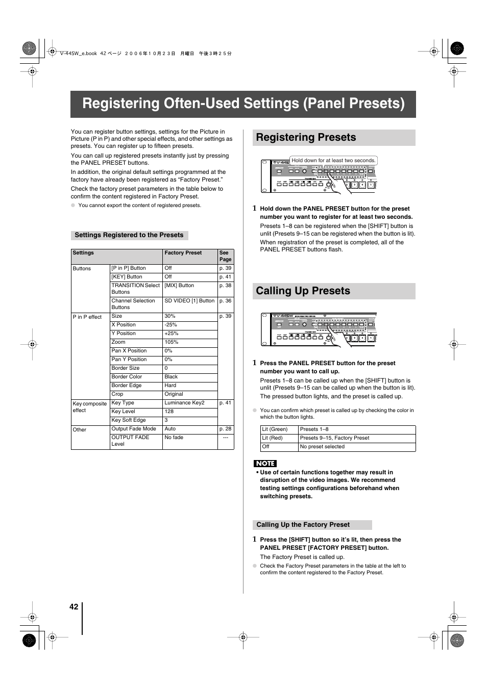 Registering often-used settings (panel presets), Registering presets, Calling up presets | Registering presets calling up presets | Edirol V-44SW E1 User Manual | Page 42 / 72