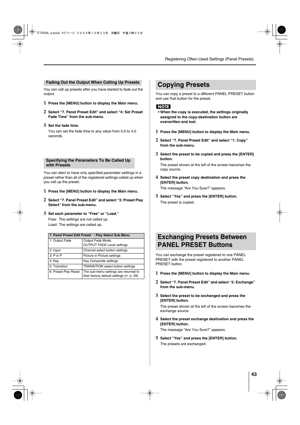Copying presets, Exchanging presets between panel preset buttons | Edirol V-44SW E1 User Manual | Page 43 / 72