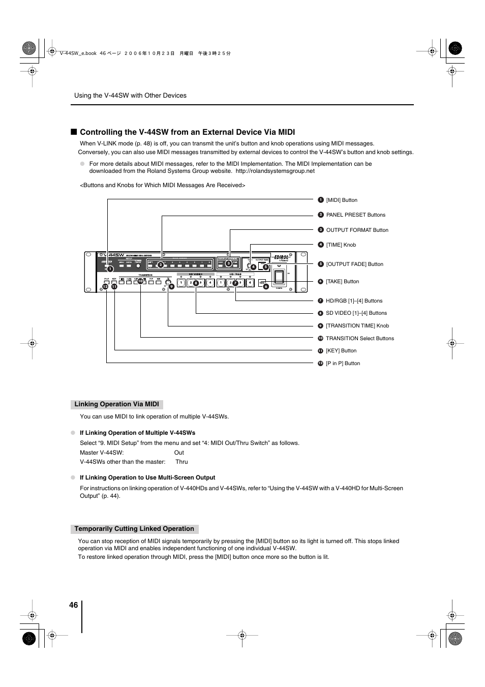 Temporarily cutting linked operation” (p. 46) | Edirol V-44SW E1 User Manual | Page 46 / 72