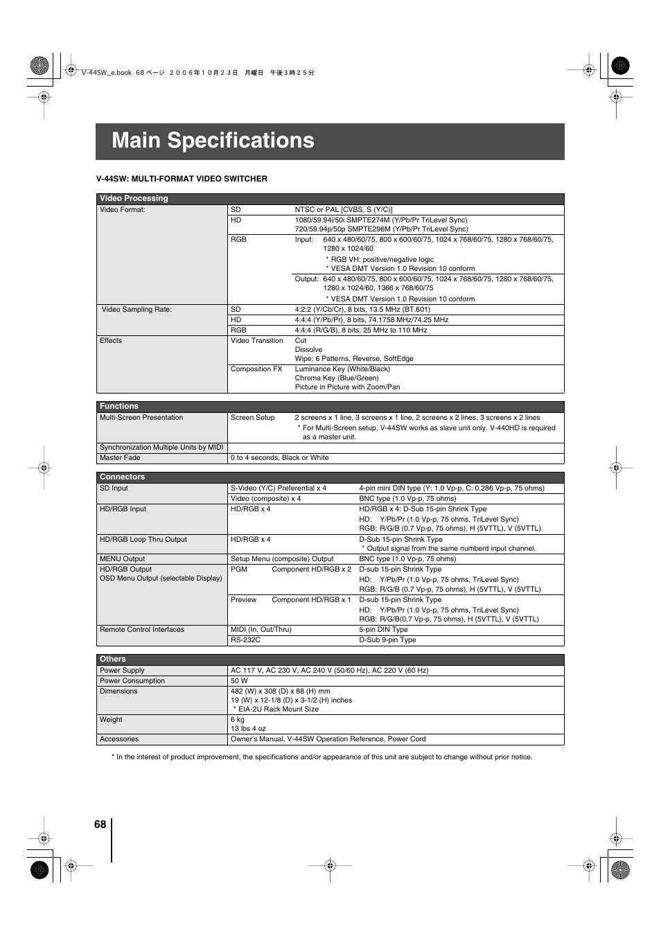 Main specifications | Edirol V-44SW E1 User Manual | Page 68 / 72