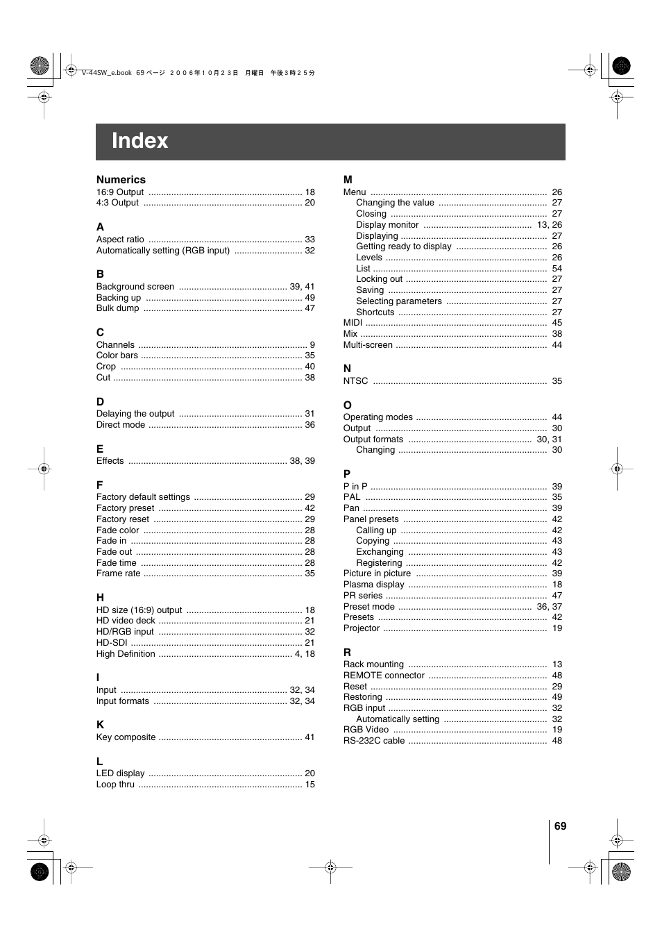 Index | Edirol V-44SW E1 User Manual | Page 69 / 72