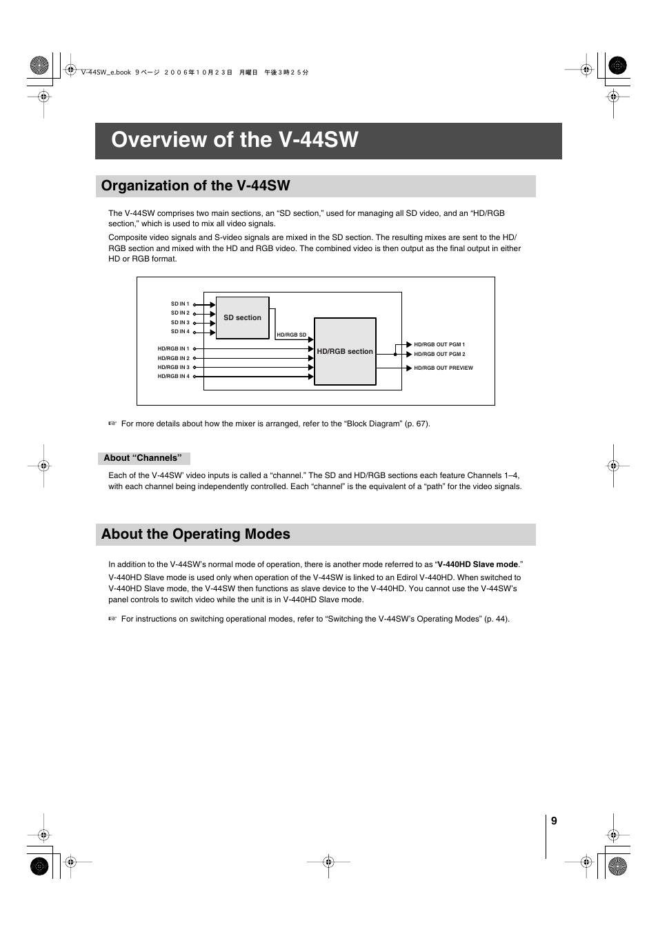 Overview of the v-44sw, Organization of the v-44sw, About the operating modes | Edirol V-44SW E1 User Manual | Page 9 / 72