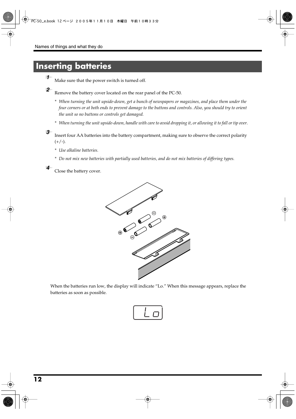 Inserting batteries | Edirol PC-50 User Manual | Page 12 / 88