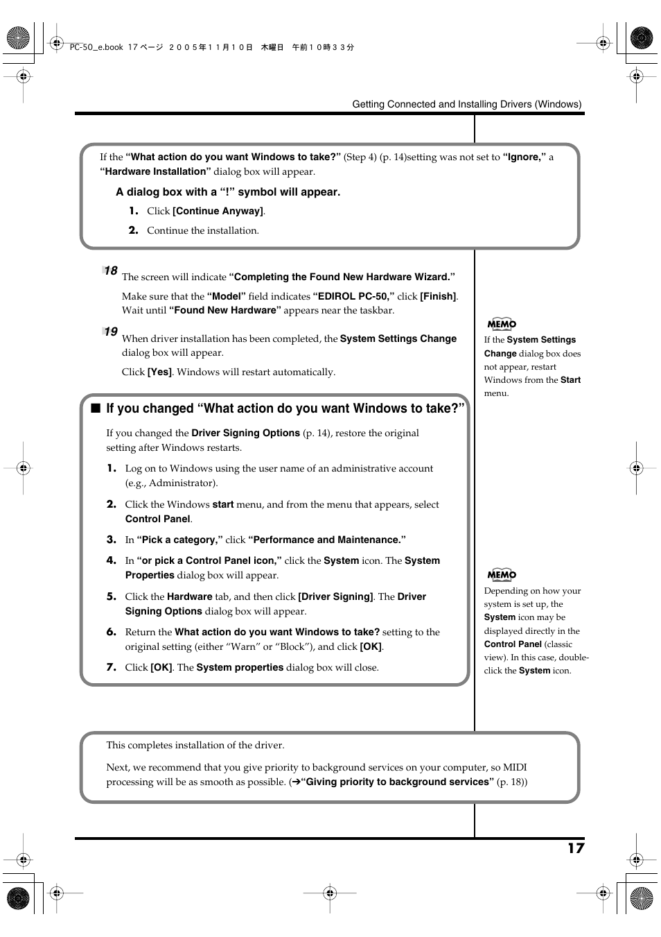 If you changed “what, Action do you want windows to take | Edirol PC-50 User Manual | Page 17 / 88