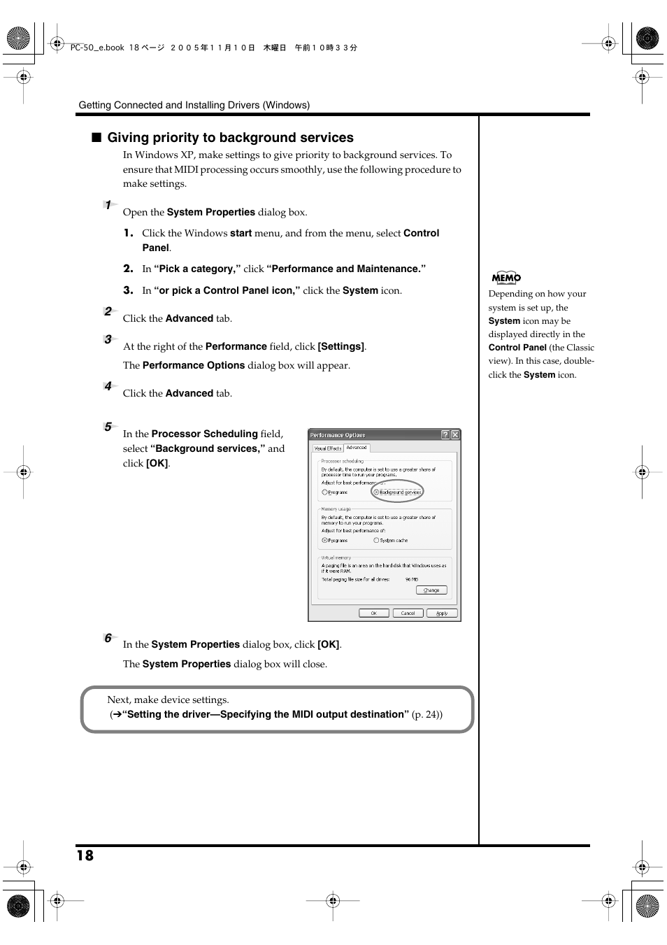 Giving priority to background services | Edirol PC-50 User Manual | Page 18 / 88